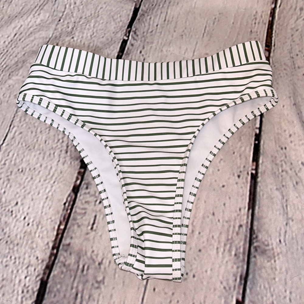 Zaful Green White Striped Swimsuit High Waisted Bikini Swim Bottoms Size 4